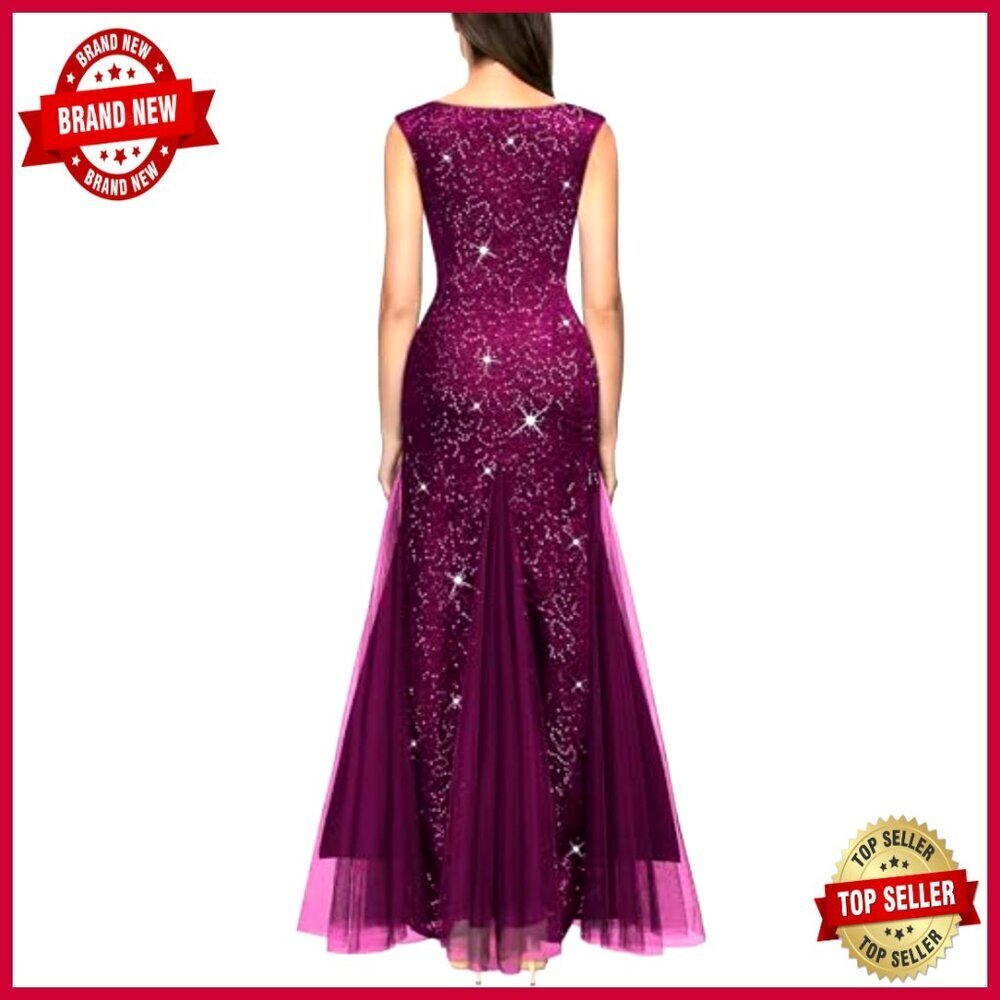 Elegant Sequin Lace Evening Dress V Neck Sleeveless Formal Party Gown - Picture 2 of 7